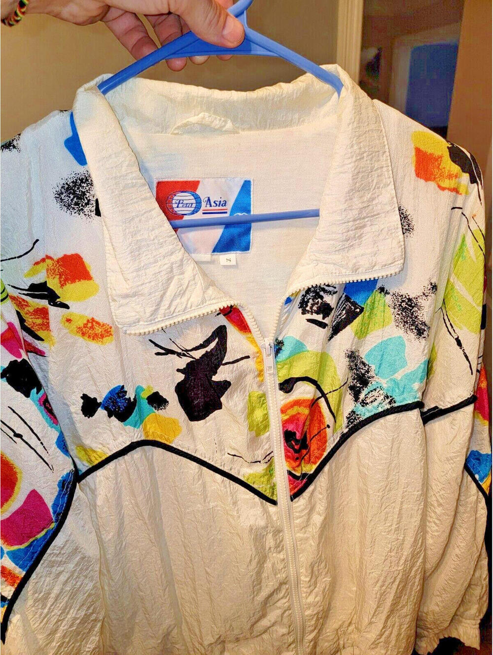 VTG 70s 80s Pan Asia Hip Full Art Retro White Windbreaker Fullzip Jacket S Small - Picture 10 of 14